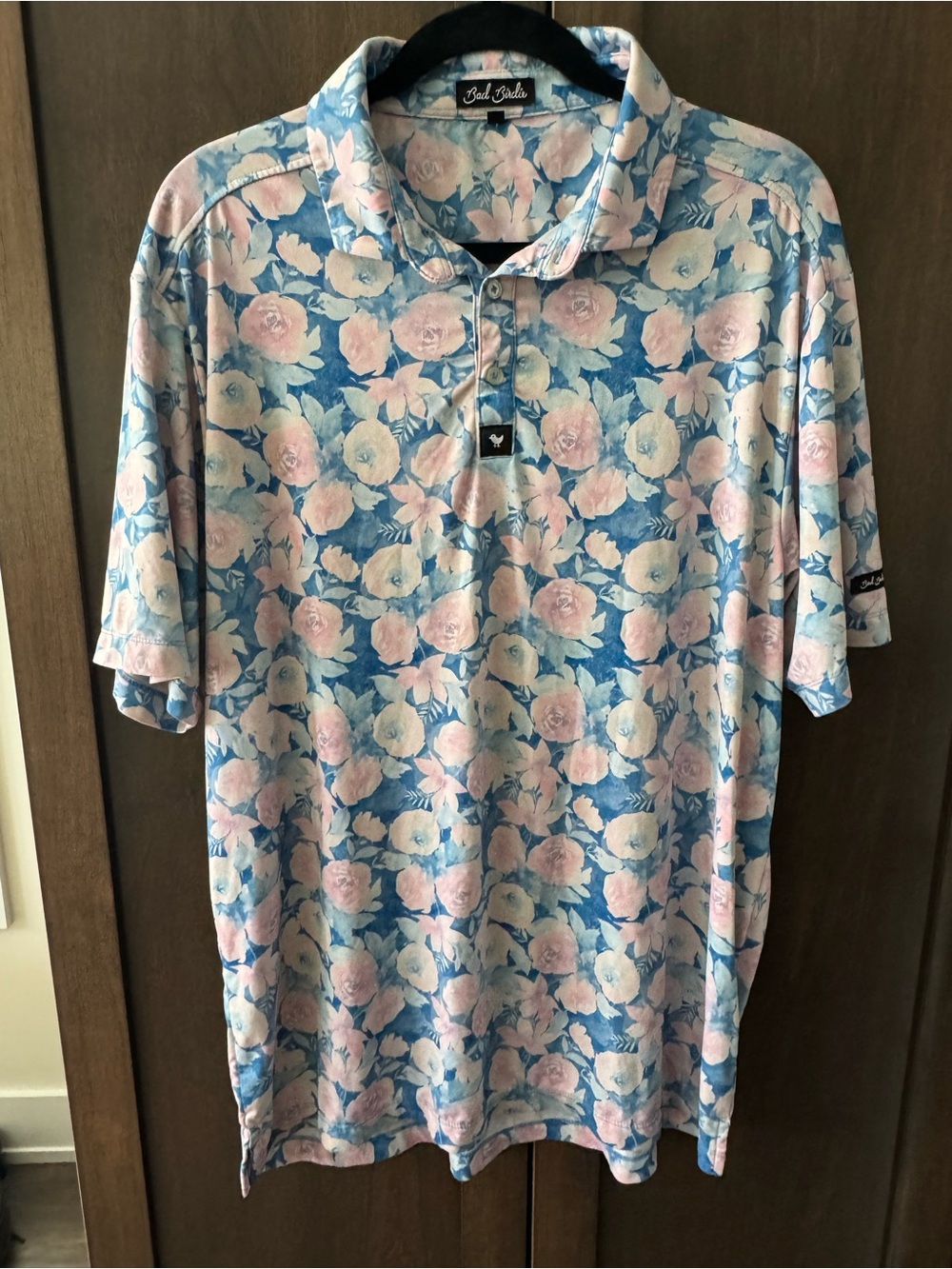Bad Birdie Floral Golf Polo in Coachella Blue and Light Pink sz XL